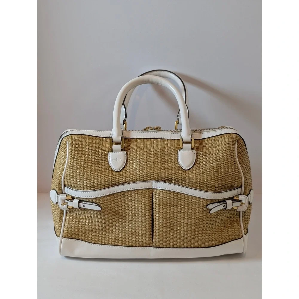 Lauren Ralph Lauren Straw Woven Satchel Bag White Leather Trim Gold Hardware